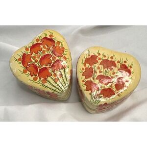 Vintage Heart Papier Mache Trinket Boxes Hand Painted Floral India Set of 2